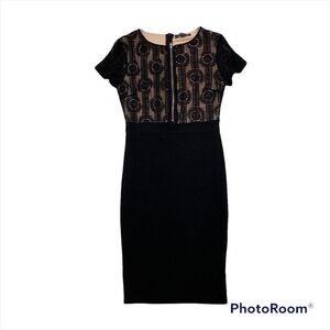 Ladies Rephyllis Black Lace Top Nude Underlay Midi Length Dress Size Small